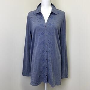 J. Jill Blue Cotton  Tunic Shirt Diamond Embroidery Size L Tall Boho